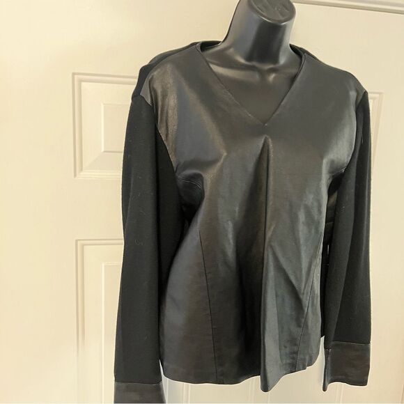 VTG Santa Fe Black Leather V Neck Wool Blend Sweater Pullover M - Picture 2 of 5